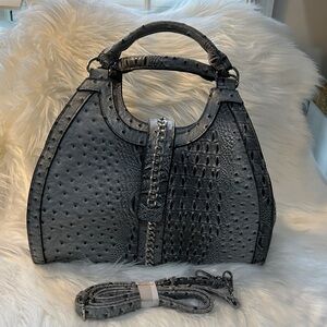 Gray and black Textured Faux-Ostrich & Croc Satchel with Chain Accent.